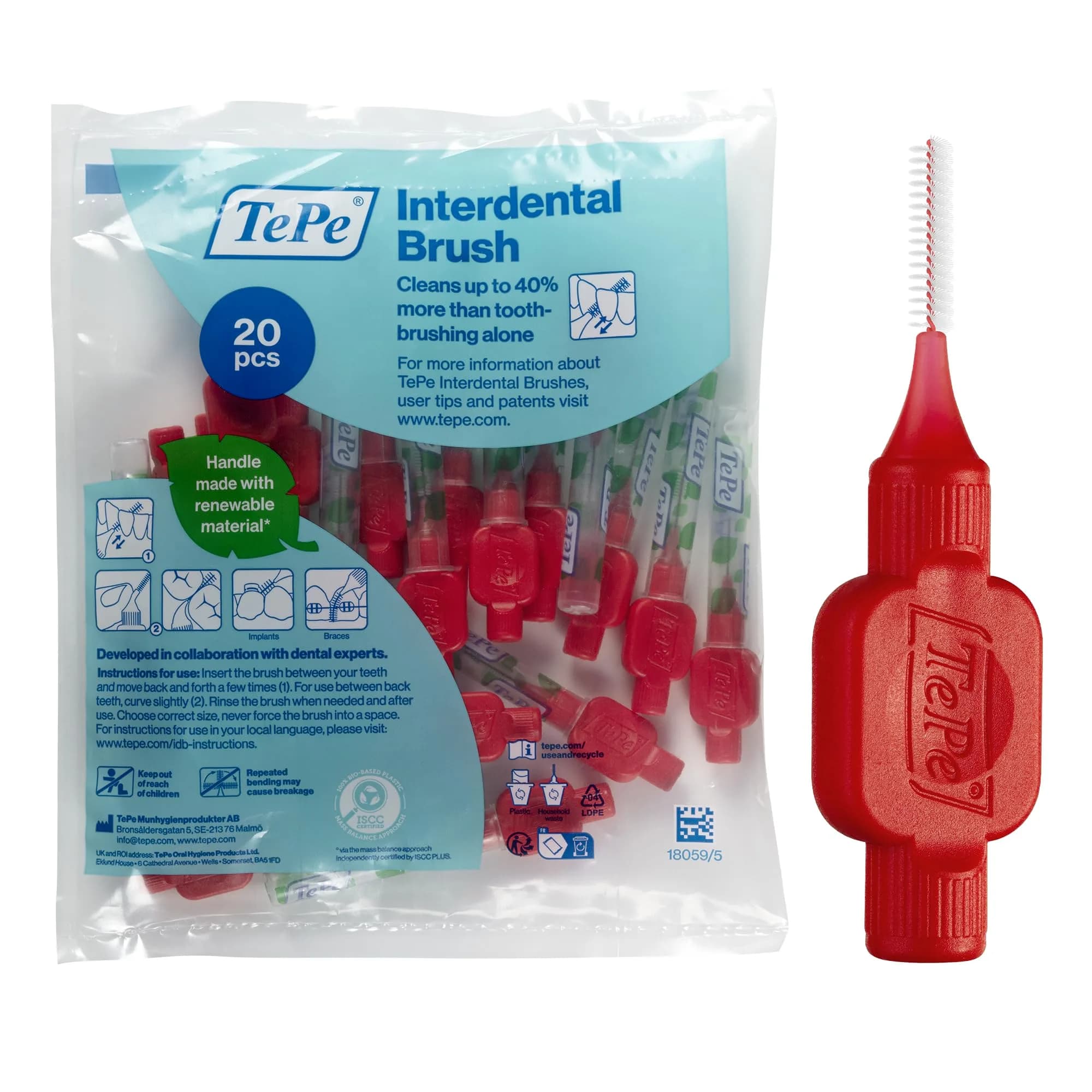 TePe Original Interdental Brushes Size 5-0.8mm | 20 Count (Blue) | Dermatologist Tested Hypoallergenic Toothbrush — Red