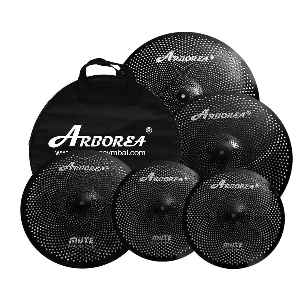 Arborea Low Volume Cymbal Pack Black 14"hi-hat+16"crash+18"crash+20"ride 5 Pieces | Practice Mute Cymbal Set for Drums