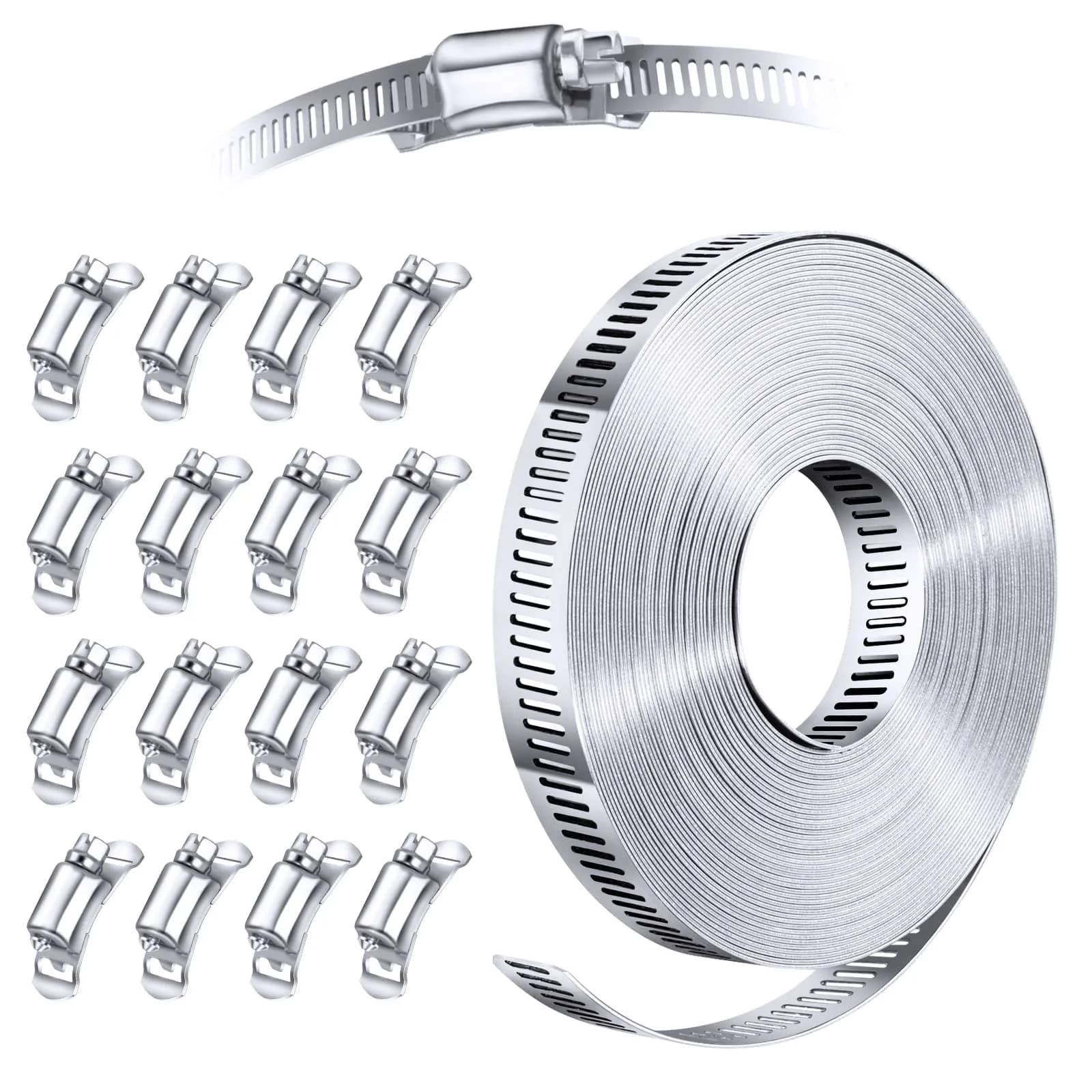 Steelsoft Stainless Steel Worm Gear Hose Clamp Assortment Kit, Cut-To-Fit | DIY Large & Odd Sizes — 35 FT Strap+16 Fasteners