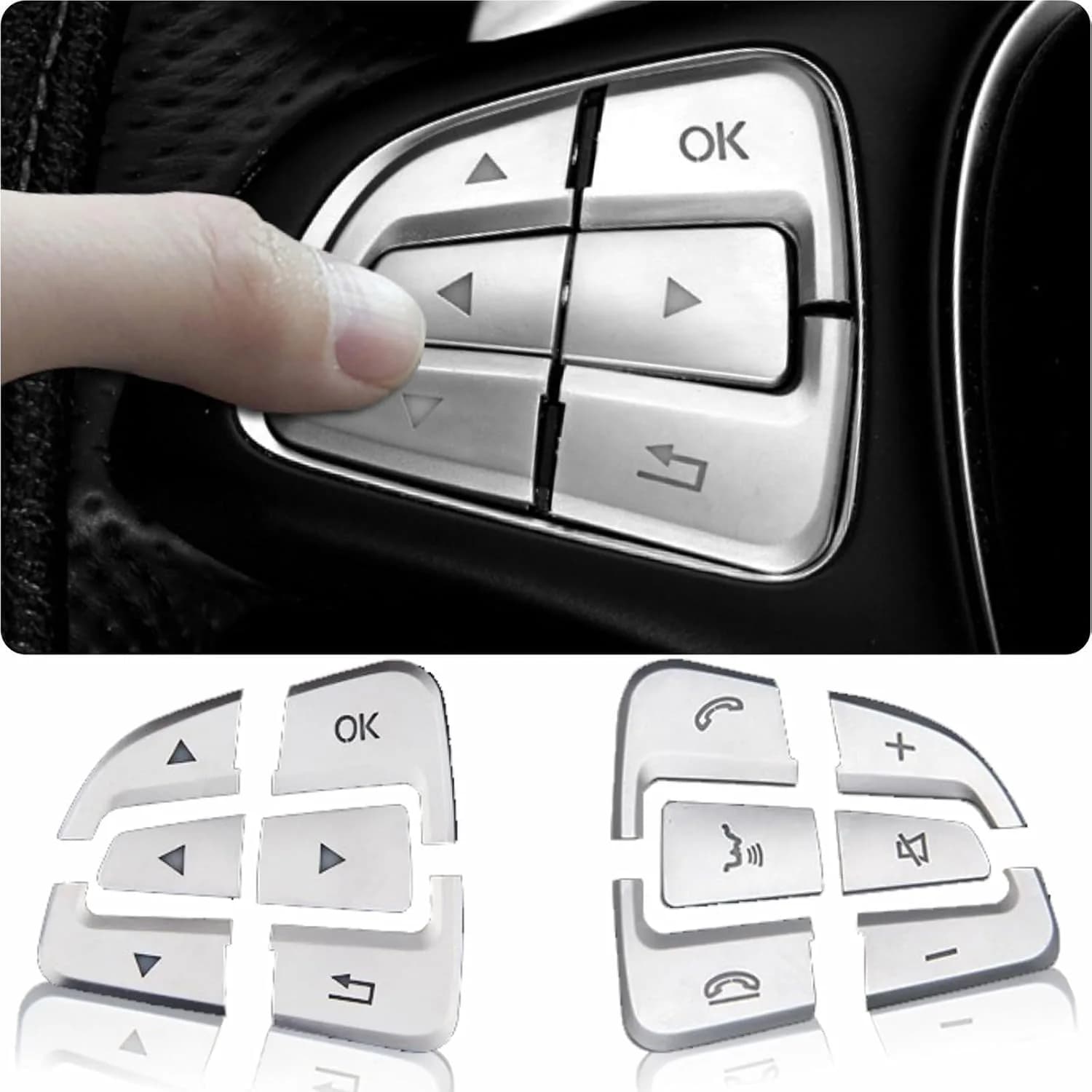 Asrnten Car Steering Wheel Button Trim Inner Decoration Silver | Compatible with Mercedes Benz Models — Silver(Model B)