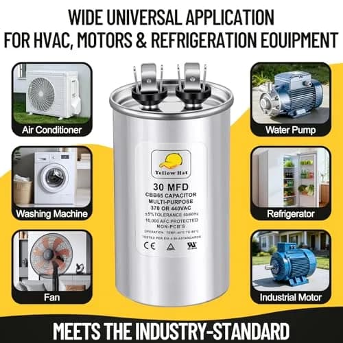 HVAC YELLOW HAT 30 MFD 370V/440V CBB65 Round Run Capacitor 5.99 cm (1.97") x 10.11 cm (3.35") | Universal AC Motor Start Capacitor thumbnail 6