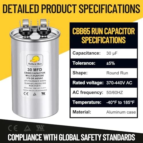 HVAC YELLOW HAT 30 MFD 370V/440V CBB65 Round Run Capacitor 5.99 cm (1.97") x 10.11 cm (3.35") | Universal AC Motor Start Capacitor thumbnail 7