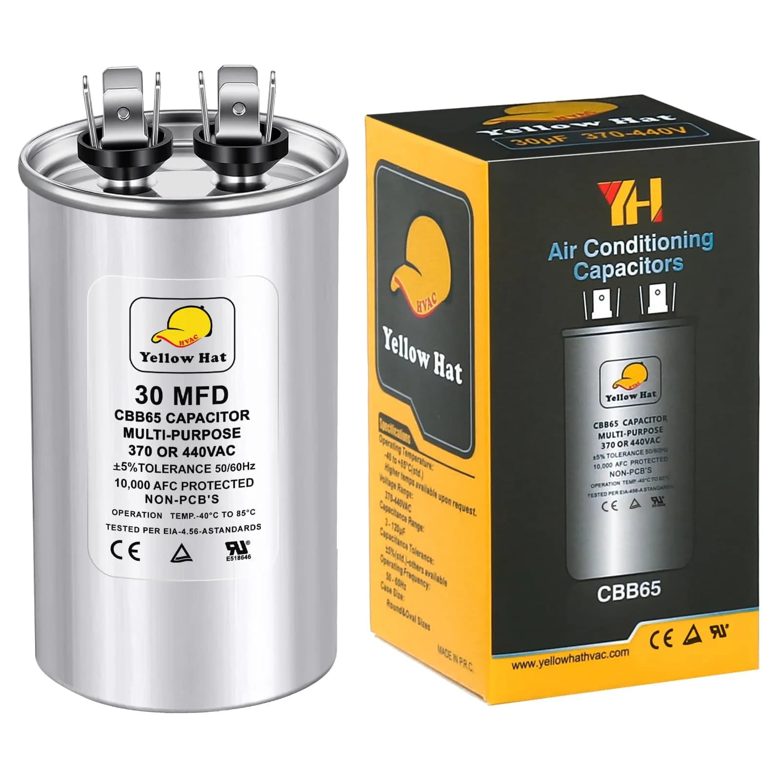 HVAC YELLOW HAT 35uF 35MFD Round Run Capacitor 5.68cm (2.25") x 10.11cm (3.93") | Universal 370V/440V AC Motor Start — 30 MFD