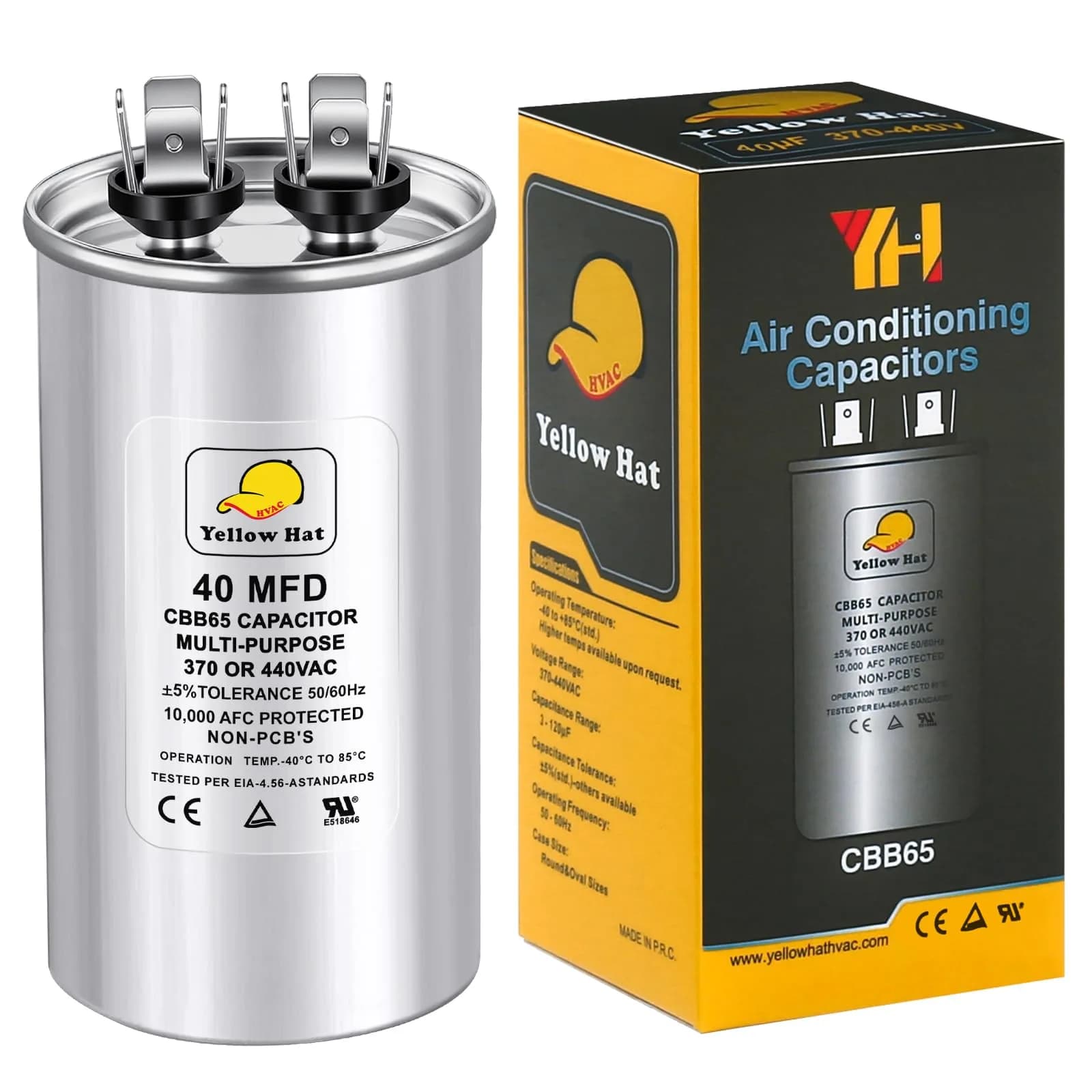 HVAC YELLOW HAT 35uF 35MFD Round Run Capacitor 5.68cm (2.25") x 10.11cm (3.93") | Universal 370V/440V AC Motor Start — 40 MFD