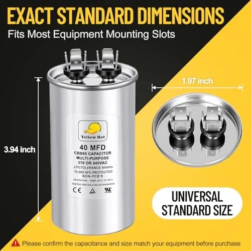 HVAC YELLOW HAT 40 uF 40 MFD ±5% 370V/440V Round Motor Run Capacitor | 5.58cm (1.97") Dia x 11.98cm (3.94") H thumbnail 2