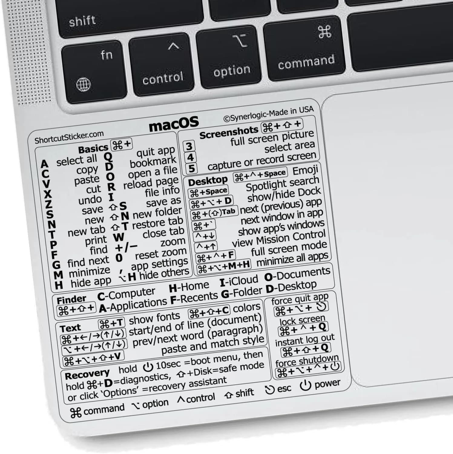 Synerlogic Mac OS Shortcuts Sticker for MacBook Air/Pro | Laminated Vinyl Keyboard Cheatsheet | macOS Commands (Clear/Black) - main product image