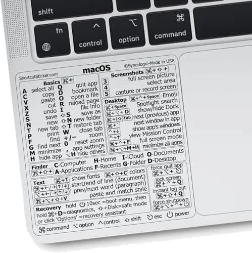 Synerlogic Mac OS Shortcuts Sticker for MacBook Air/Pro | Laminated Vinyl Keyboard Cheatsheet | macOS Commands (Clear/Black) thumbnail 1