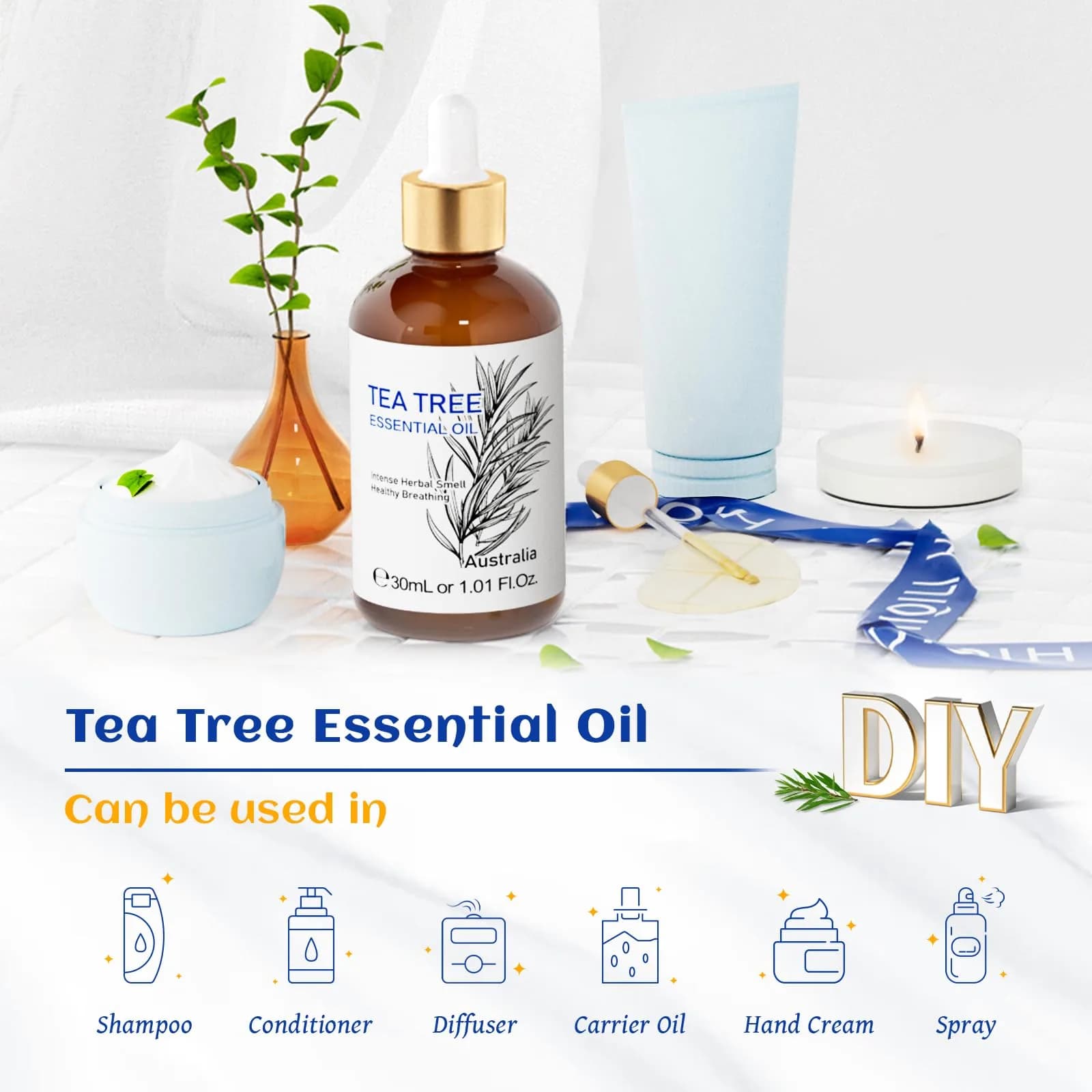 HIQILI Tea Tree Essential Oil 1.01 Fl Oz (30ml) | Pure & Natural for Skin, Hair, Nails, Diffuser & DIY thumbnail 6