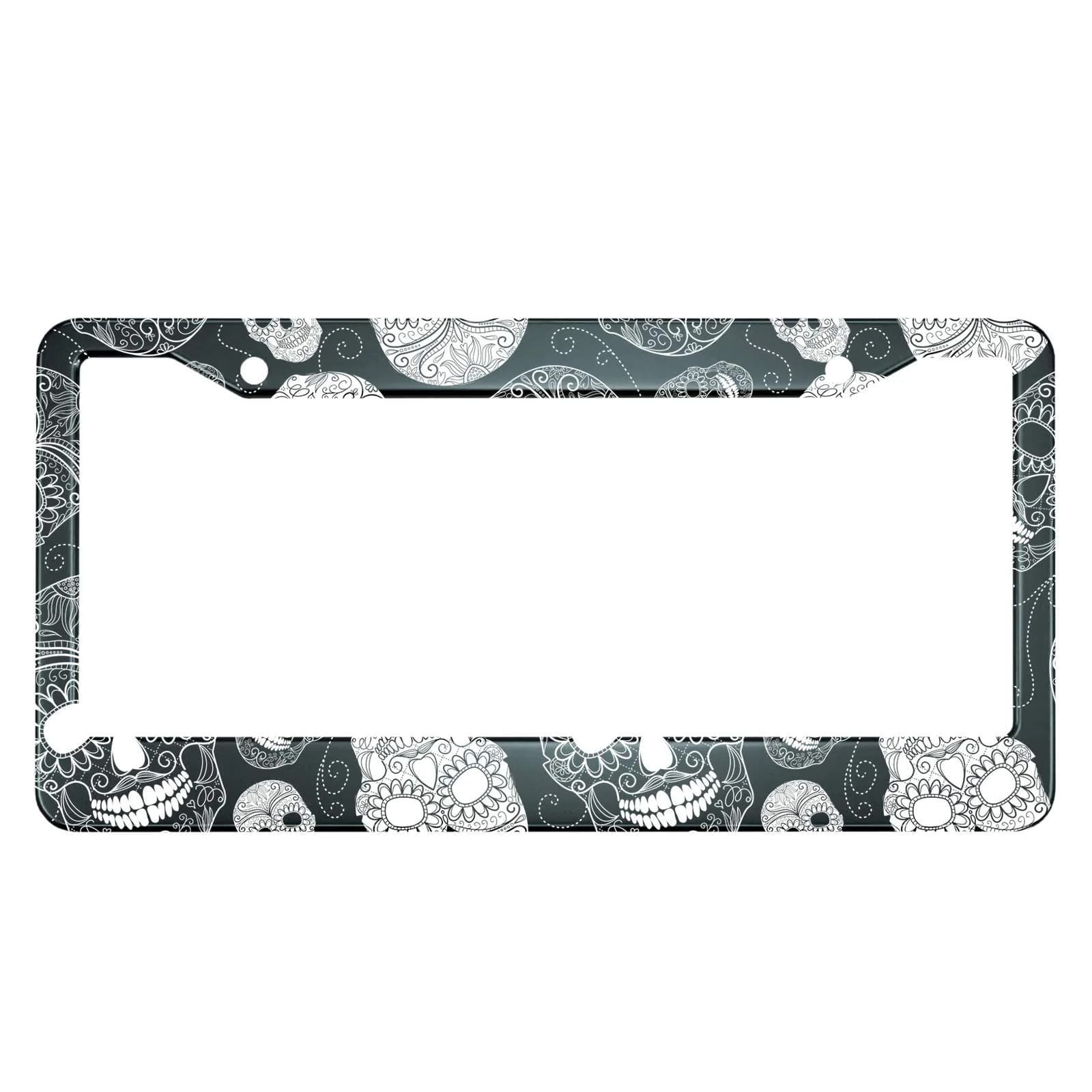 HOSNYE Black and White Sugar Skull License Plate Frame 12x6 Inch | Day of the Dead Car Decor for Women Men - main product image