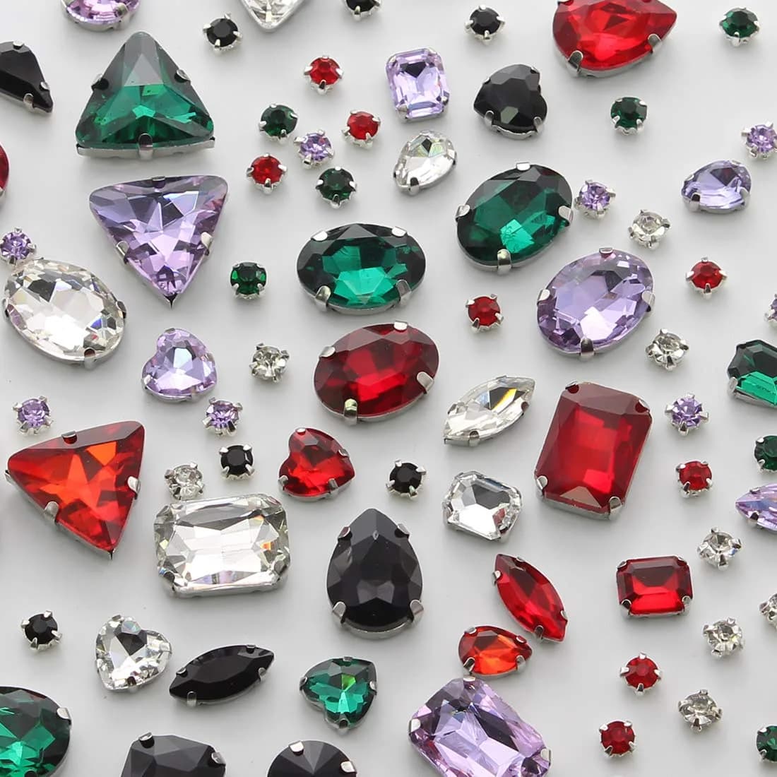 TANOSII Mixed Shapes Glass Sew-On Rhinestones 100 PCS | Crystal Gems with Silver Claw for Jewelry, Crafts, Clothes, Shoes, Costume, Garment (Mixed Colors A)