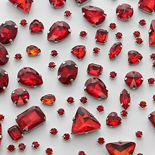 TANOSII Mixed Shapes Glass Sew-On Rhinestones 100 PCS | Crystal Gems with Silver Claw for Jewelry Crafts Clothes Shoes Costume Garment Red thumbnail 1