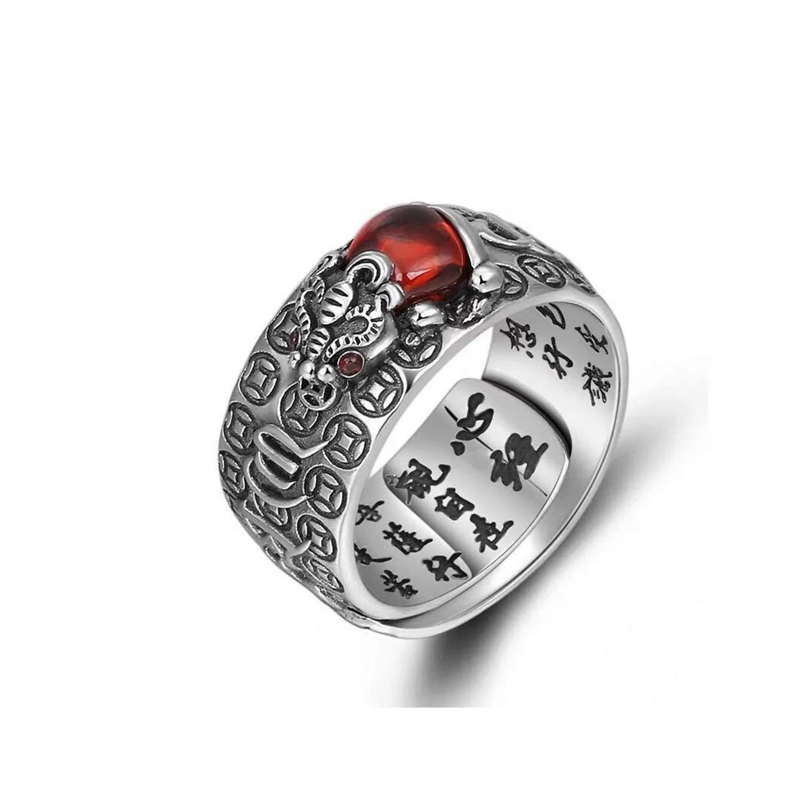 Pingyongchang PiXiu Mantra Protection Wealth Ring Silver Adjustable | Feng Shui Amulet for Men Women — red