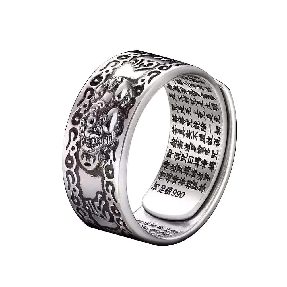 Pingyongchang PiXiu Mantra Protection Wealth Ring Silver Adjustable | Feng Shui Amulet for Men Women — Silver