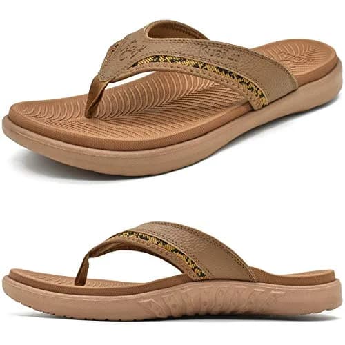KuaiLu Mens Leather Sport Flip Flops Comfort Orthotic Thong Sandals with Plantar Fasciitis Arch Support for Outdoor Summer | Orthotic Arch Support thumbnail 1