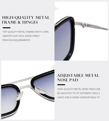 NULOOQ Tony Stark Polarized Sunglasses for Men & Women | Vintage Aviator Square Metal Frame (Silver/Gradient Gray) thumbnail 6