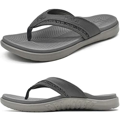 KuaiLu Men's Leather Flip Flops Orthotic Thong Sandals With Arch Support - Grey US 12 (27.5 cm) thumbnail 1