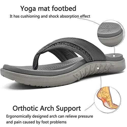 KuaiLu Men's Leather Flip Flops Orthotic Thong Sandals With Arch Support - Grey US 12 (27.5 cm) thumbnail 4