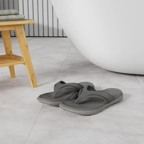 KuaiLu Men's Leather Flip Flops Orthotic Thong Sandals With Arch Support - Grey US 12 (27.5 cm) thumbnail 2