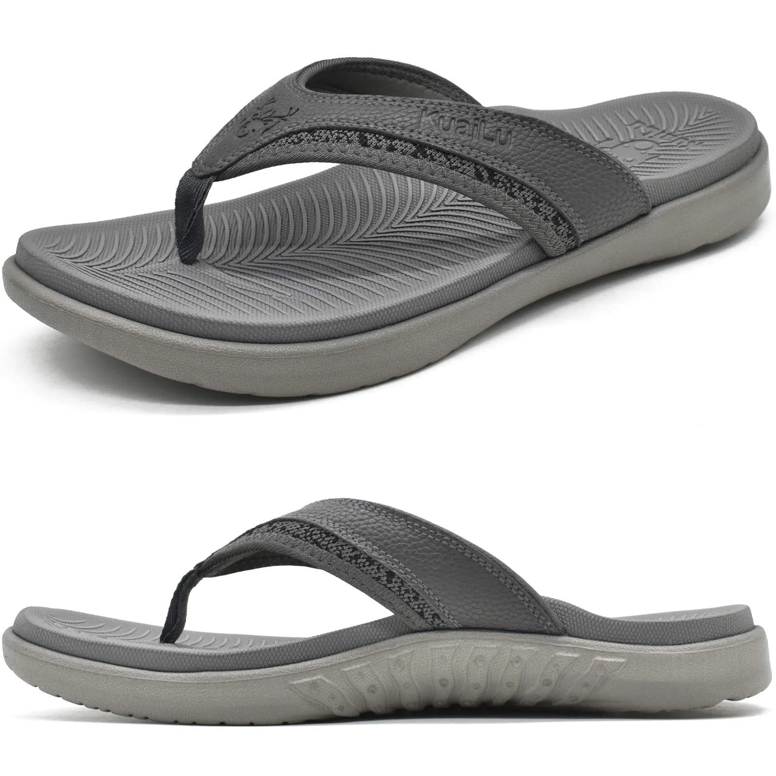 KuaiLu Men's Leather Flip Flops Orthotic Thong Sandals With Arch Support - Size 7-7.5 (US Men's)