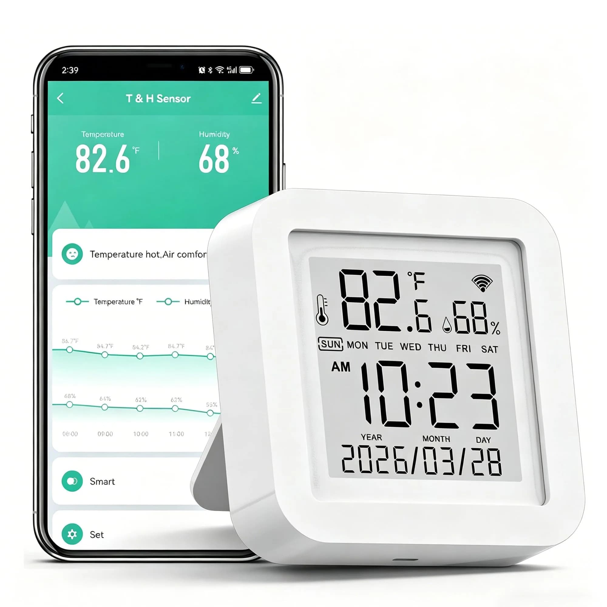 Gaoducash Smart WiFi Temperature Humidity Monitor with App Alerts & Alexa Voice Control, 6.5cm (2.6in) White | Real-Time Indoor Climate Tracking - main product image