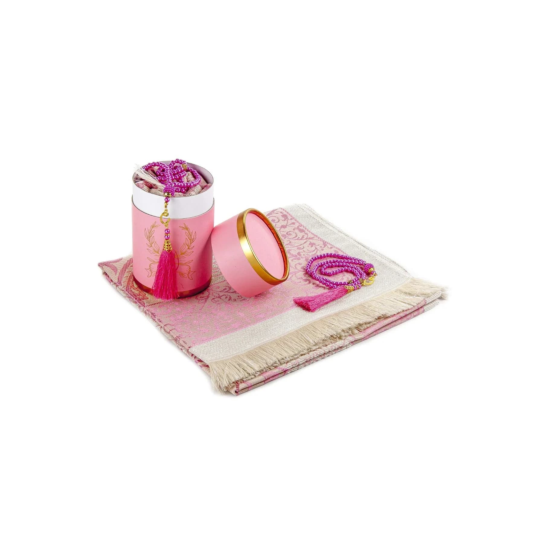 ihvan online Muslim Prayer Rug and Prayer Beads Set, Pink Taffeta Fabric, 117cm x 71cm | Portable Islamic Prayer Mat with Gift Box