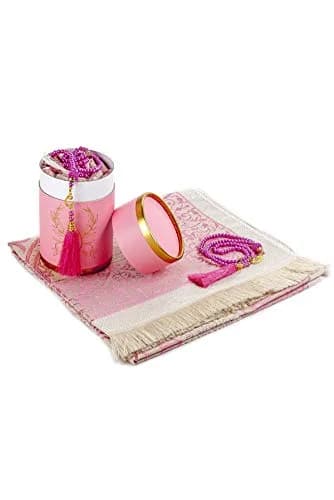 ihvan online Muslim Prayer Rug and Prayer Beads Set, Pink Taffeta Fabric, 117cm x 71cm | Portable Islamic Prayer Mat with Gift Box thumbnail 1