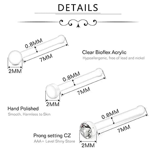 D.Bella Clear Nose Rings Retainer Set 20G (0.8mm) | Invisible Bioflex Studs for Work & MRI thumbnail 3