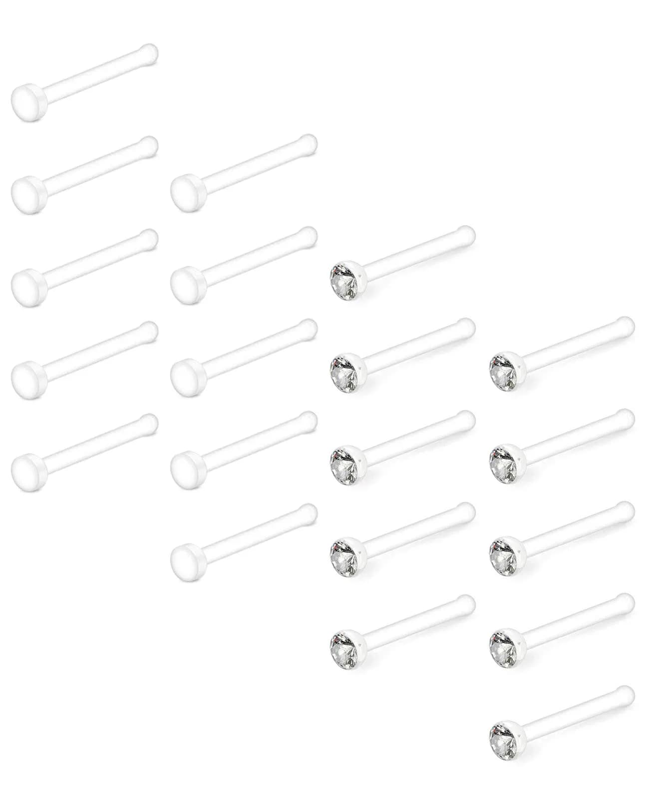 D.Bella 20G Clear Nose Studs Acrylic L Shape Nose Rings Retainer Bioflex Bone Pin Straight Nose Studs Flexible Nose Piercing Flat Top for Men Women | Hypoallergenic, 20 pcs — 20 Pcs Nose stud-Flat End and CZ