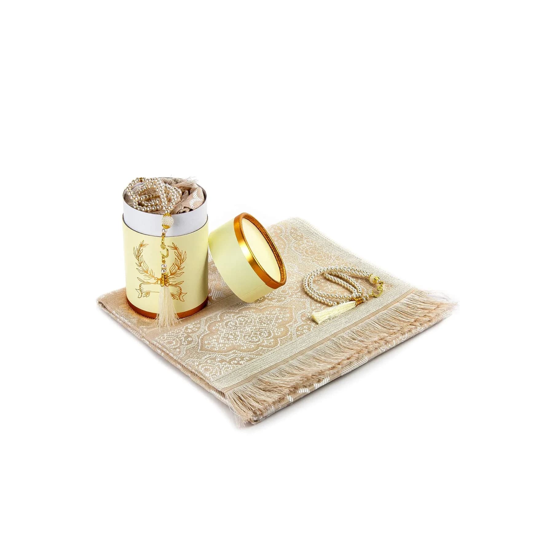 ihvan online Muslim Prayer Rug and Prayer Beads Set, Taffeta Fabric, Cream, 117cm x 71cm (46" x 28")