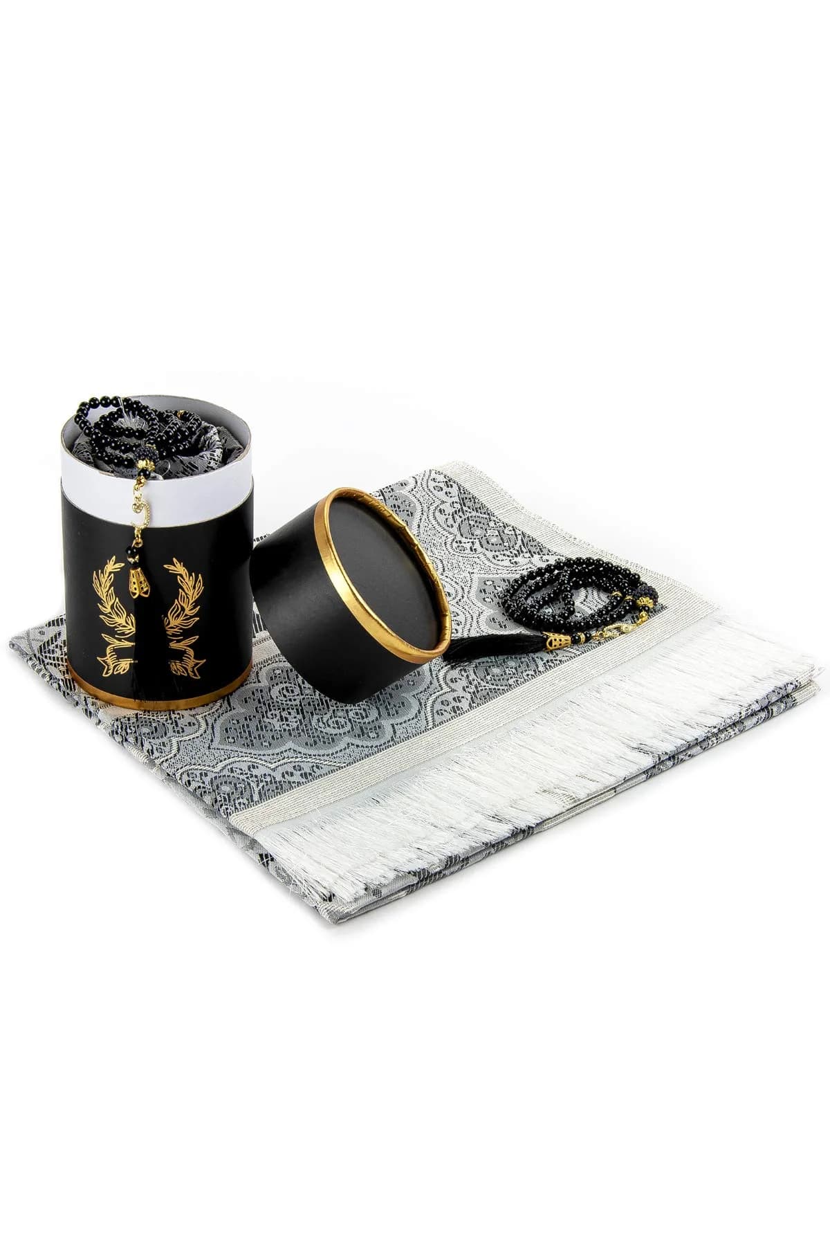 ihvan online Muslim Prayer Rug and Prayer Beads Set, Taffeta Fabric, Cream, 117cm x 71cm (46" x 28") — Black/Mod3