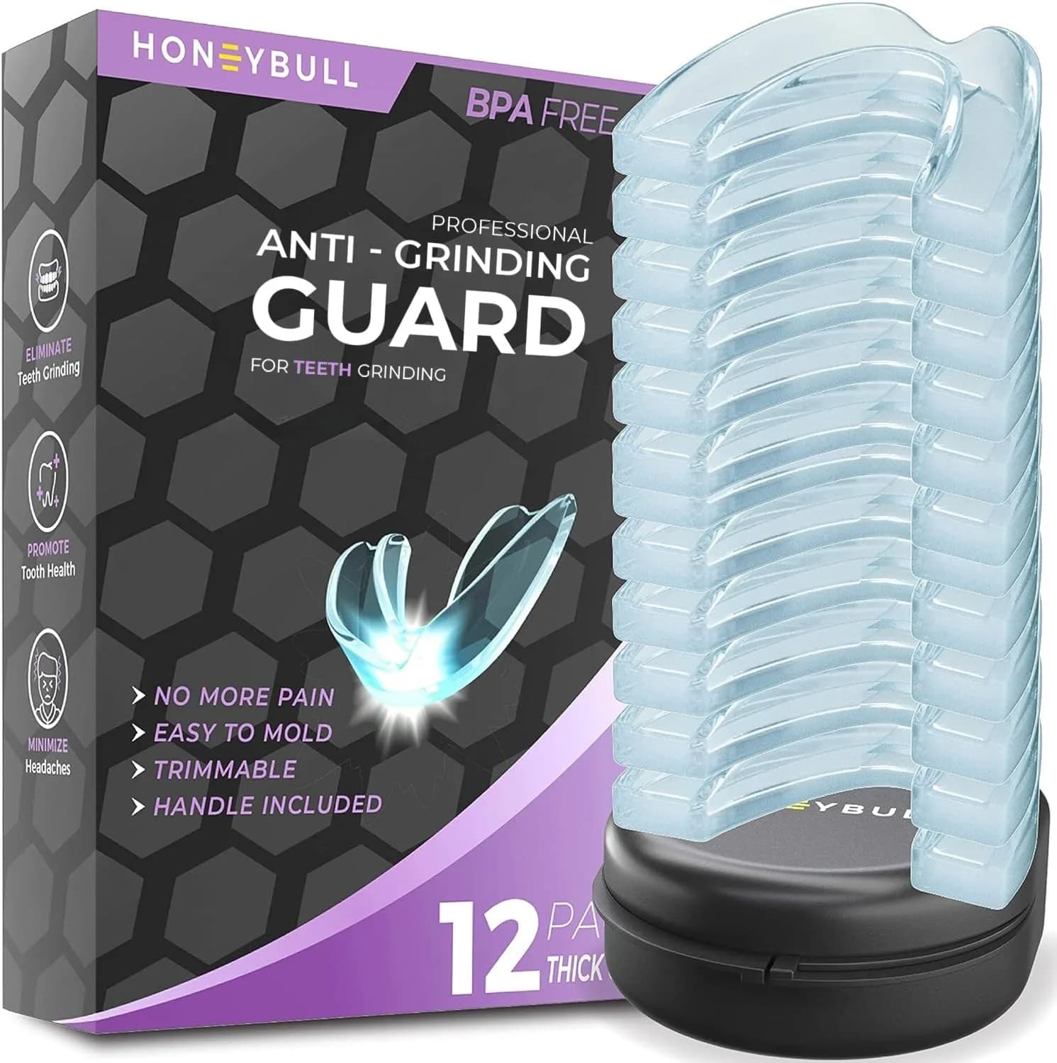 HONEYBULL Thick Anti Grinding Night Guards with Storage Case | Custom Moldable Boil-and-Bite Dental Protection — Thick