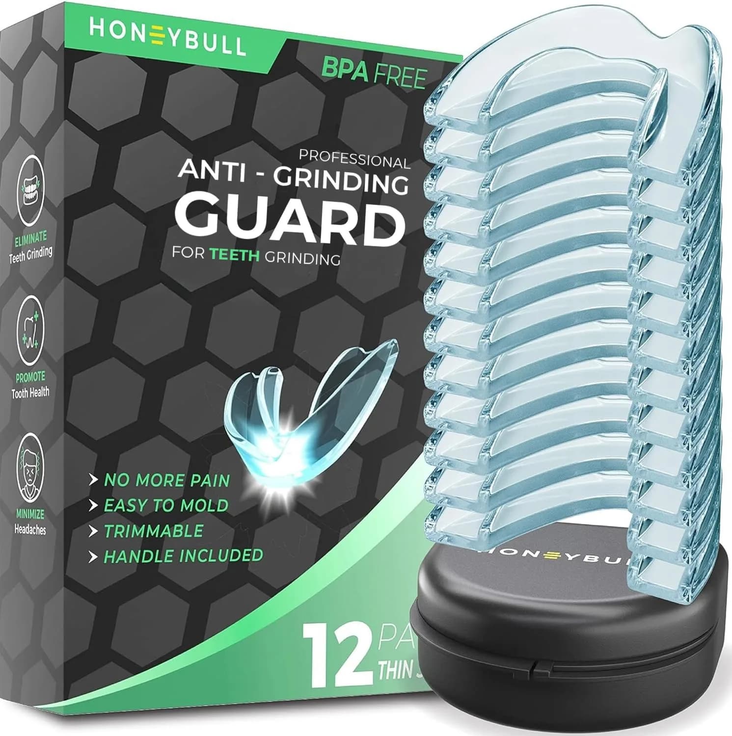 HONEYBULL Custom Moldable Night Guards 12 Pack Thin | Boil and Bite for Teeth Grinding Protection