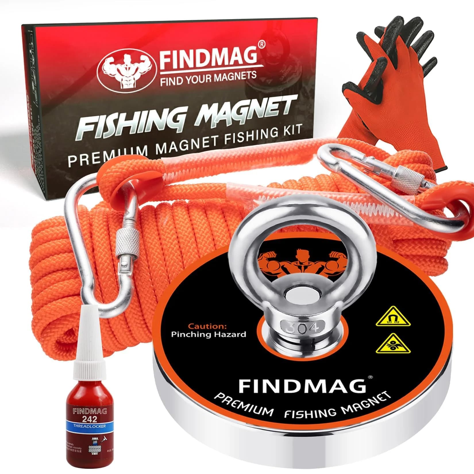FINDMAG 500 LB Neodymium Fishing Magnet Kit 60mm (2.36 Inch) Diameter | Heavy Duty Underwater Retrieving Tool — 1500 lb