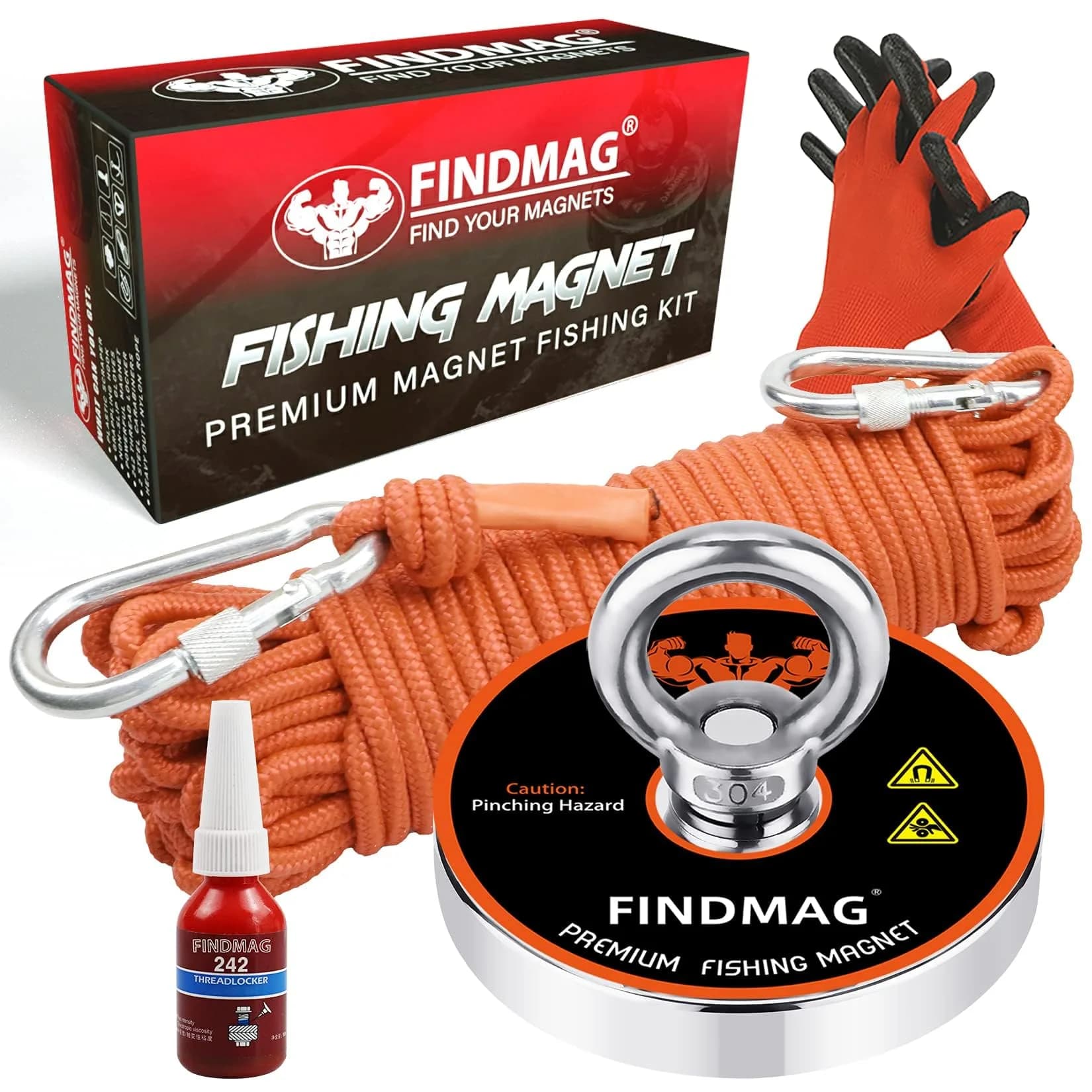 FINDMAG 500 LB Neodymium Fishing Magnet Kit 60mm (2.36 Inch) Diameter | Heavy Duty Underwater Retrieving Tool — 1000 LB Single Sided Magnet Kit