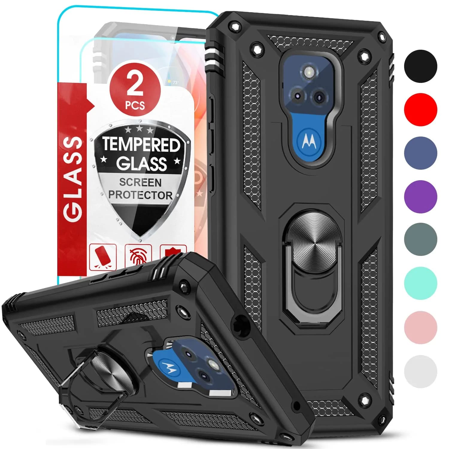 LeYi Heavy Duty Shockproof Case with Kickstand & 2 Screen Protectors for Moto G Play 2021 (Black) — Black