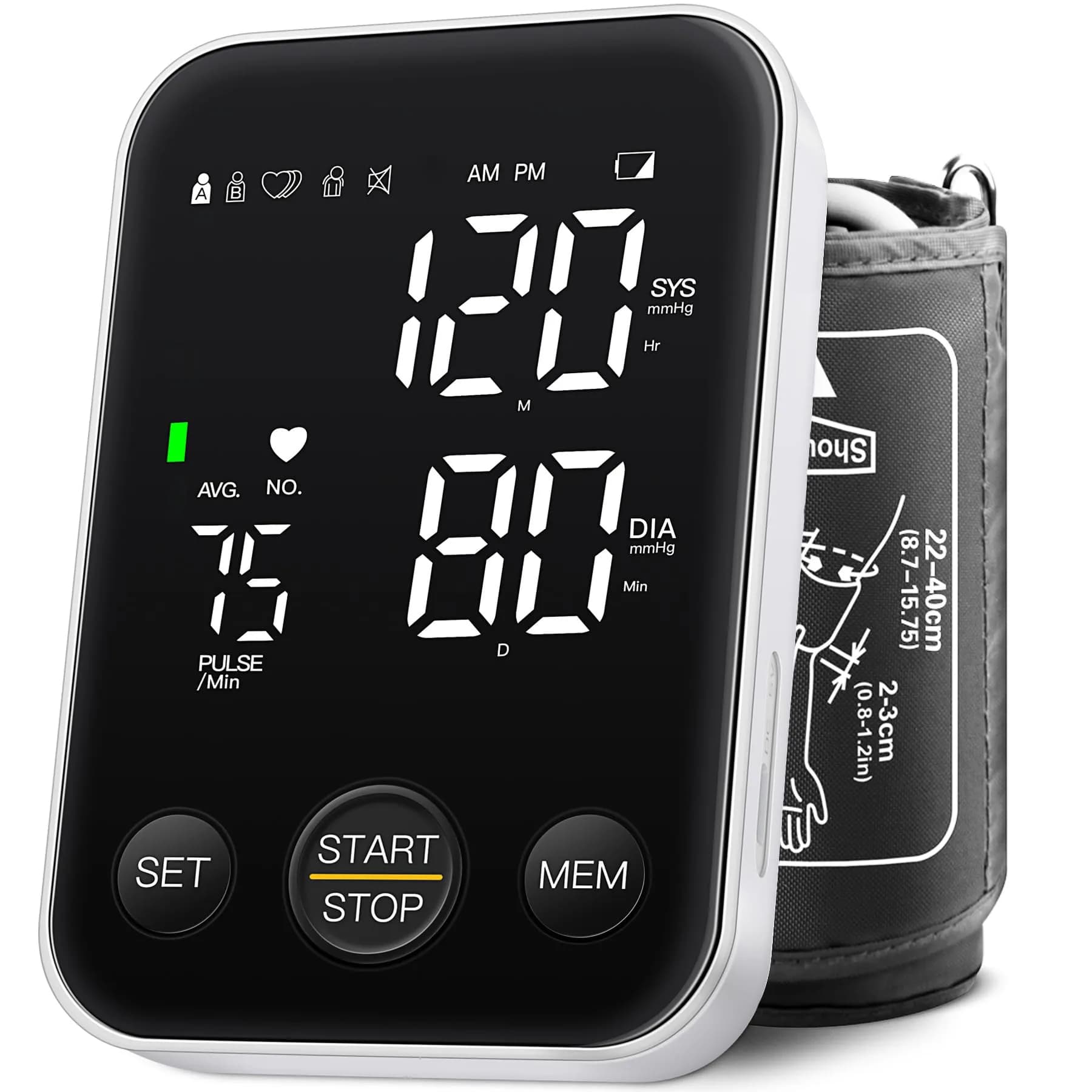 DOUHAO White Blood Pressure Monitor | Clinically Accurate, Store 2 x 120 Memory, Adjustable BP Cuff 22-40 cm, LED Backlight Display with Storage Bag — Black