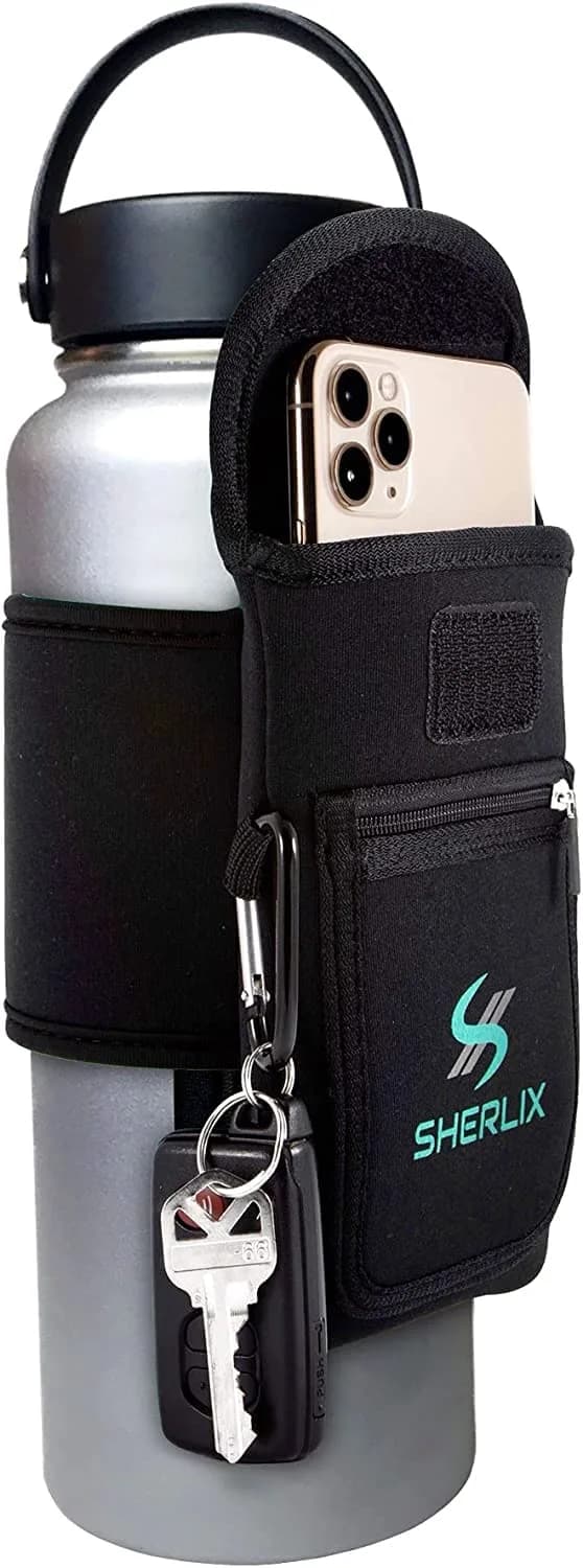 SHERLIX Universal Water Bottle Pouch with Accessory Pockets & Carabiner | Fits 18-40 oz Bottles, Black — Universal Water Bottle Pouch (Black 18-40 oz)