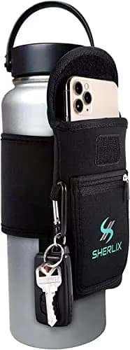SHERLIX Universal Water Bottle Pouch with Accessory Pockets & Carabiner | Fits 18-40 oz Bottles, Black thumbnail 1