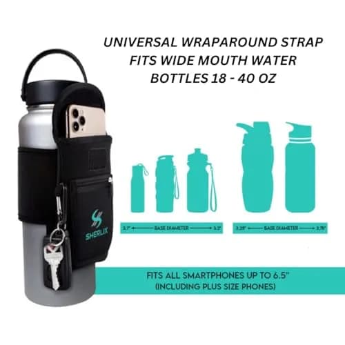 SHERLIX Universal Water Bottle Pouch with Accessory Pockets & Carabiner | Fits 18-40 oz Bottles, Black thumbnail 2