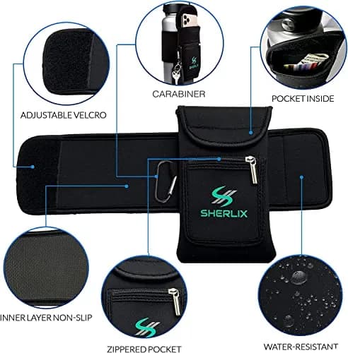 SHERLIX Universal Water Bottle Pouch with Accessory Pockets & Carabiner | Fits 18-40 oz Bottles, Black thumbnail 3