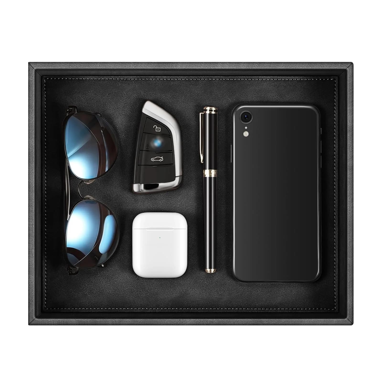 SITHON Valet Tray Desk Organizer PU Leather Catchall Brown | Keeps Essentials Tidy — *Black