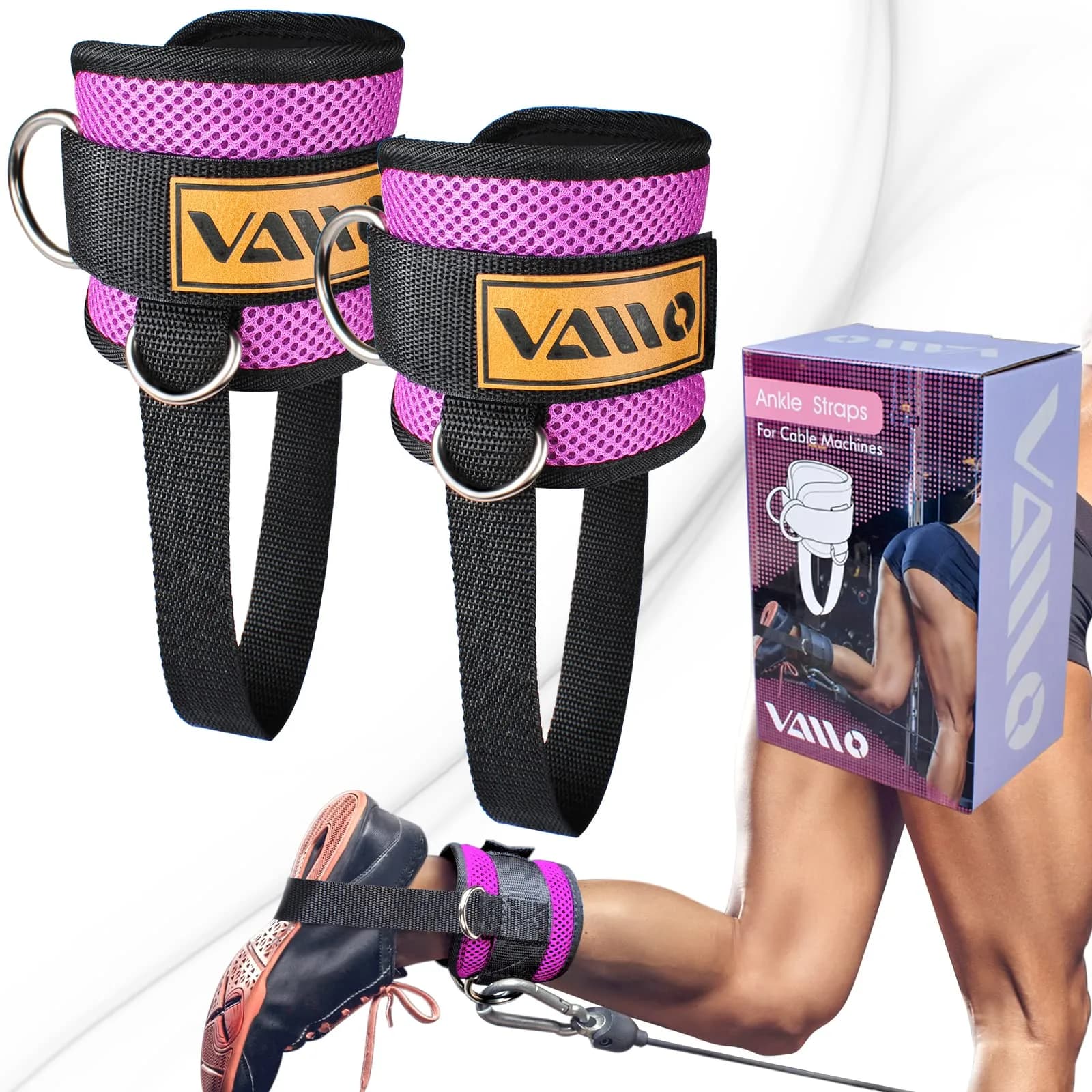 VAIIO Ankle Straps for Cable Machines - Pair | Adjustable Neoprene Cuffs for Glutes, Legs, Calves — Purple