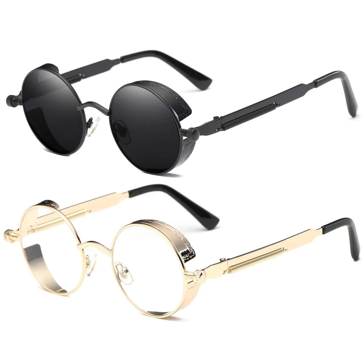 Dollger Vintage Steampunk Round Sunglasses 2 Pairs Pack | UV400 Protection for Men & Women — Two Pairs Pack Black Lens+clear Lens