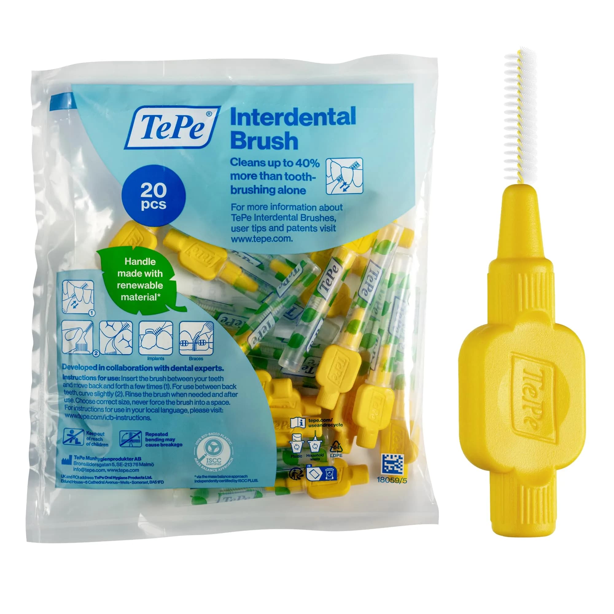 TePe Original Interdental Brushes Size 5-0.8mm | 20 Count (Blue) | Dermatologist Tested Hypoallergenic Toothbrush — Yellow