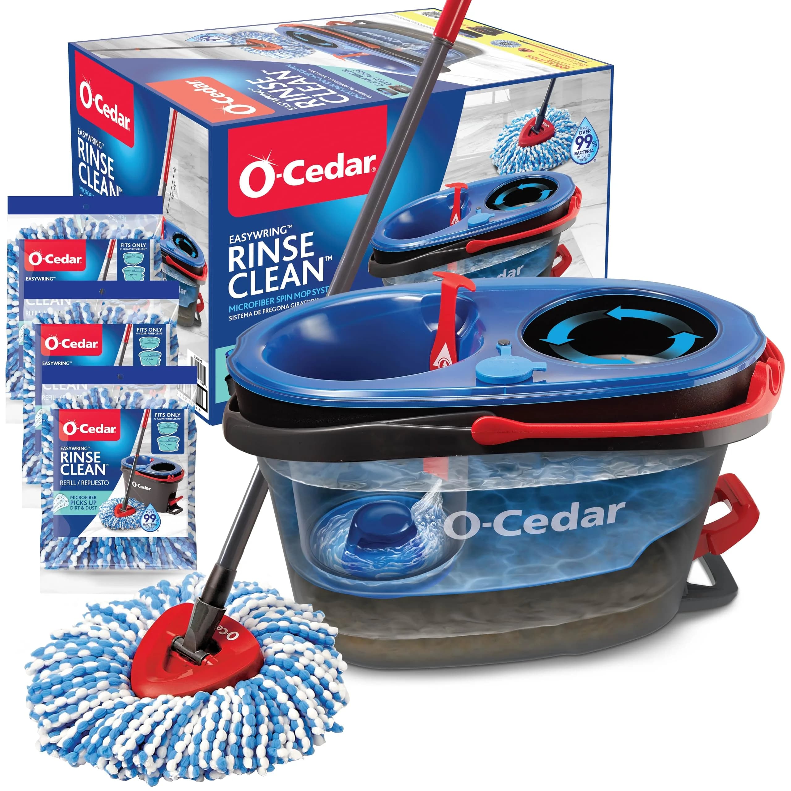 O-Cedar RinseClean Spin Mop & Bucket System with 3 Microfiber Heads | Cleans with Clean Water, Removes 99% Bacteria — Rinseclean Spin Mop & Bucket + 3 Extra Refills