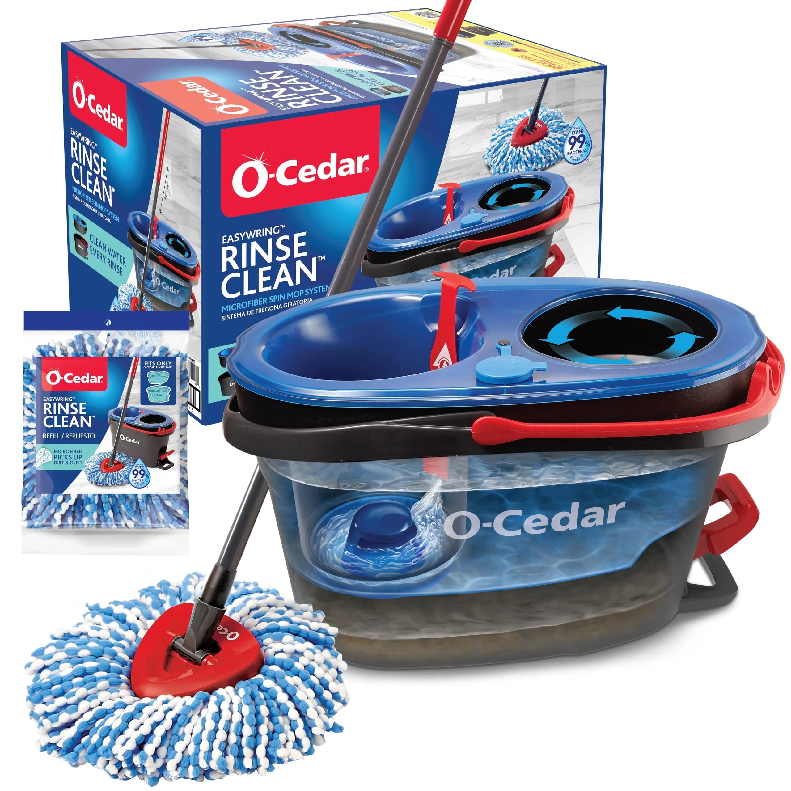 O-Cedar RinseClean Spin Mop & Bucket System with 2 Microfiber Mop Heads | Cleans with Clean Water | Removes 99% of Bacteria