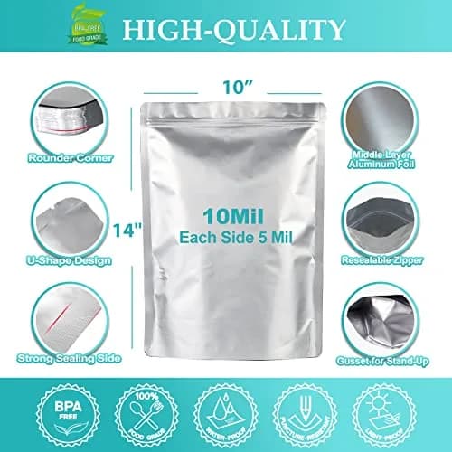 SHXWELL 1 Gallon Mylar Bags 25.4cm x 35.6cm (10"x14") | 50 Count Extra Thick 10 Mil Stand-Up Zipper Pouches for Long Term Food Storage thumbnail 2