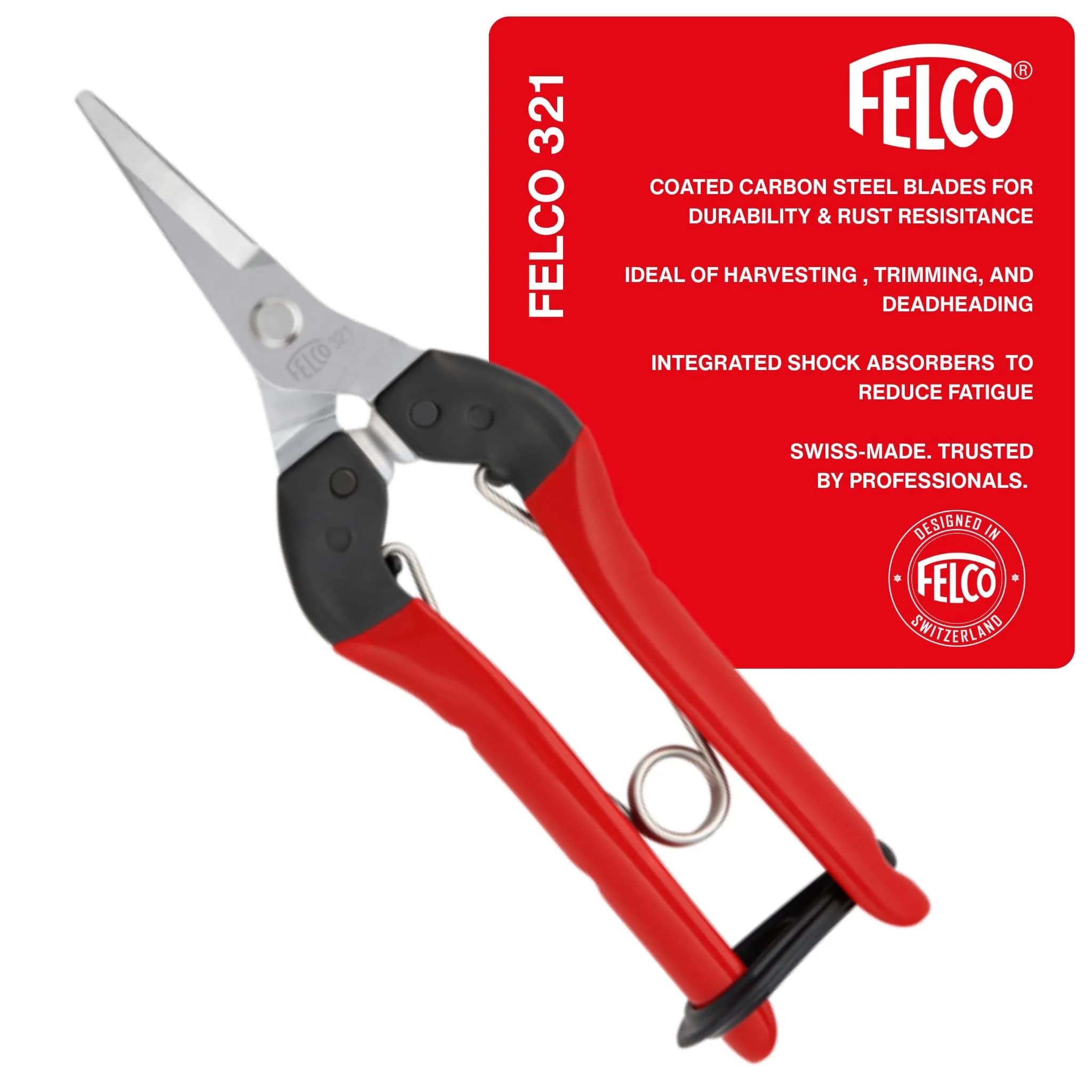 FELCO F300 Pruning Snips – 7.5" Lightweight Garden Clippers for Picking & Trimming | Stainless Steel Blade, Fine Tip — Carbon Steel / 1.4in Straight Snip