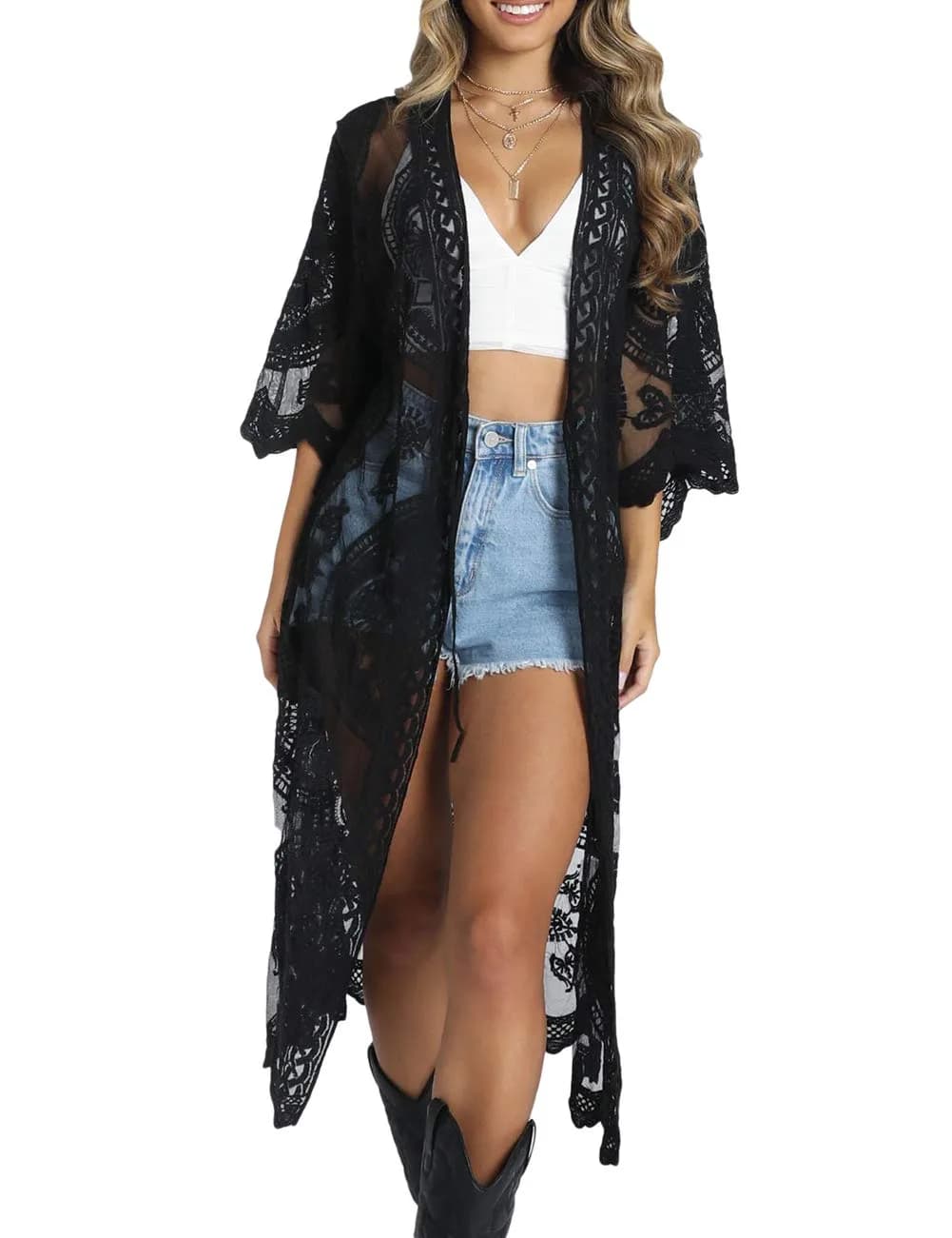 Bsubseach Women Lace Cardigan Beach Kimono Open Front Swimsuit Cover Ups | Sheer Flowy Lightweight - main product image
