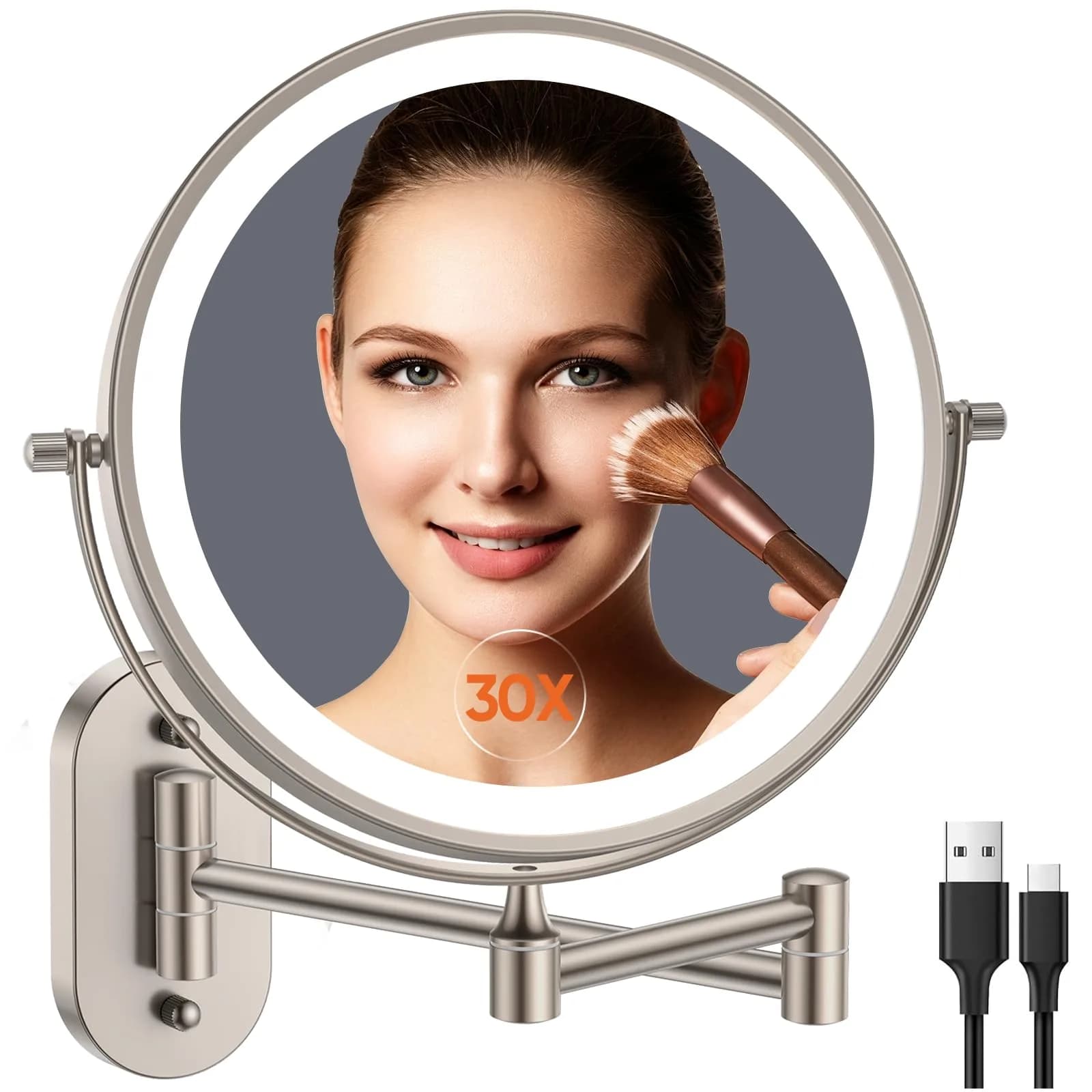 FUNTOUCH Rechargeable Wall Mounted Lighted Makeup Vanity Mirror 20 cm (8 Inch) | 1X/30X Magnification, 3 Color Lights